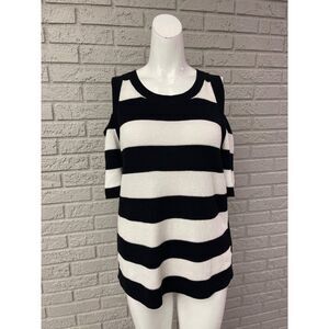 Two By Vince Camuto Women Black White Striped Cold Shoulder Knit Top Size S